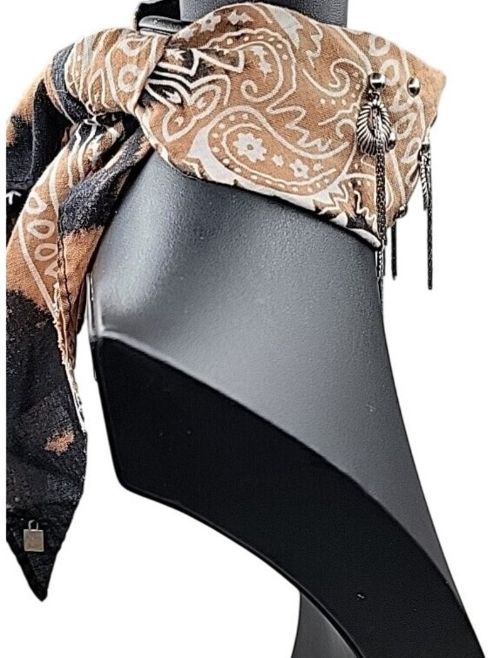 Dannijo Bandana Necklace Black Brown Print Silver Studs Fringe Boho Festival - Picture 9 of 13